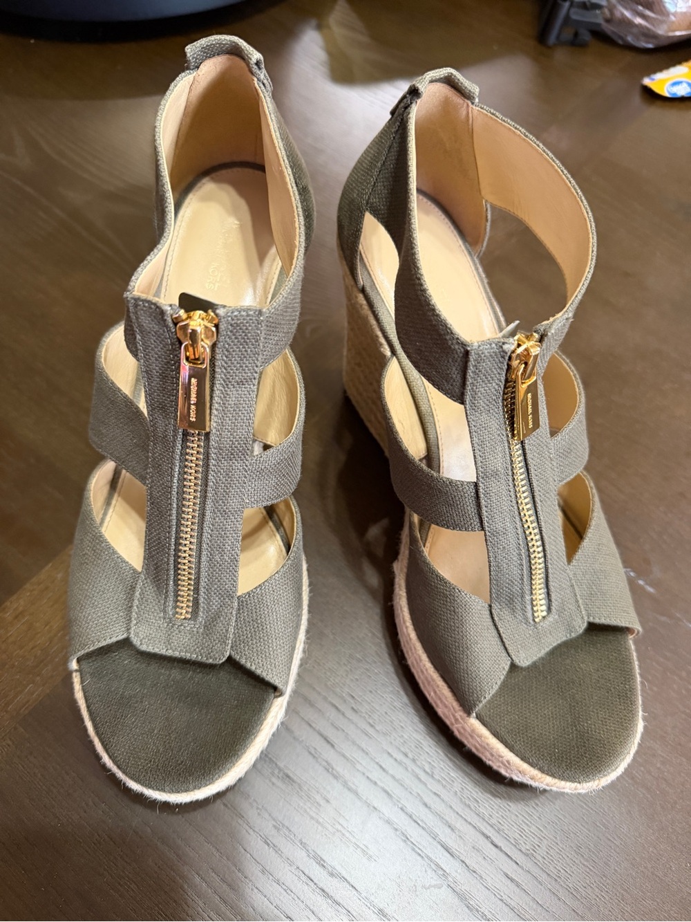 Michael Kors Gray Canvas Zip Espadrille Wedge Sandals Size 9.5